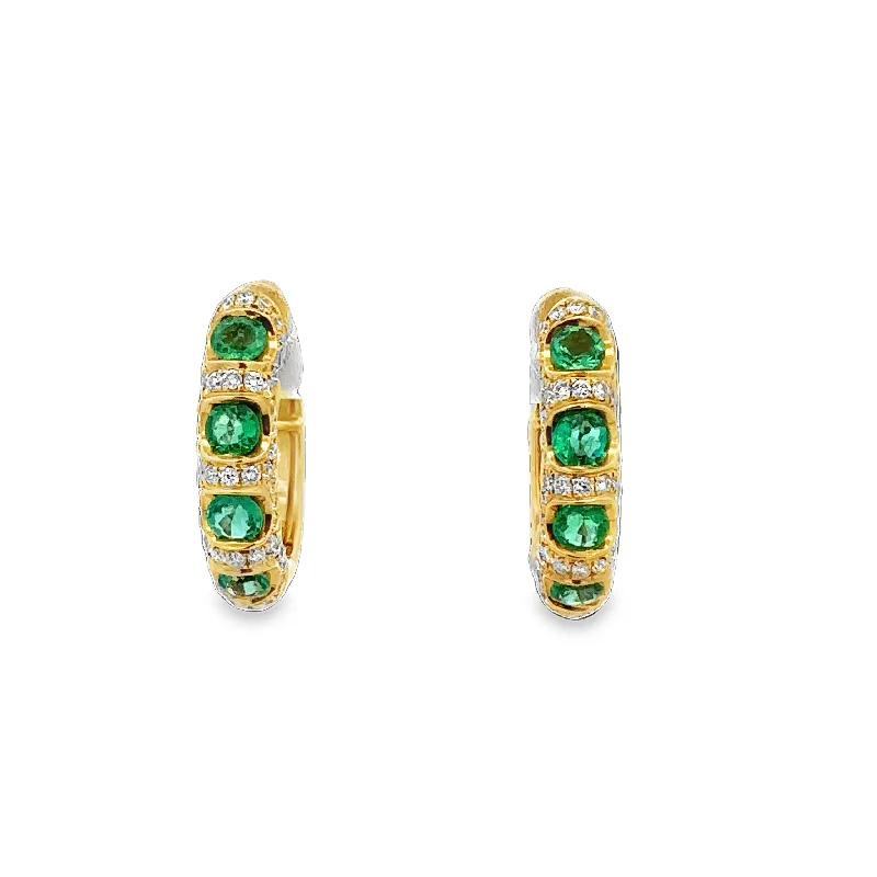 Ladies opal earrings-Emerald and Diamond Huggie Style Earrings in 18k Gold