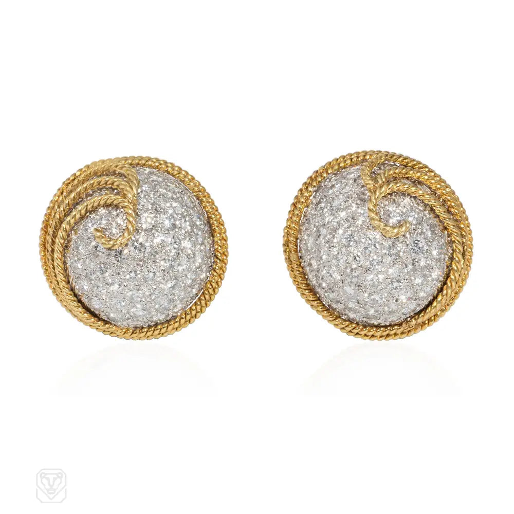 Ladies silver chandelier earrings-Mid-century ropetwist gold and diamond bombé earrings