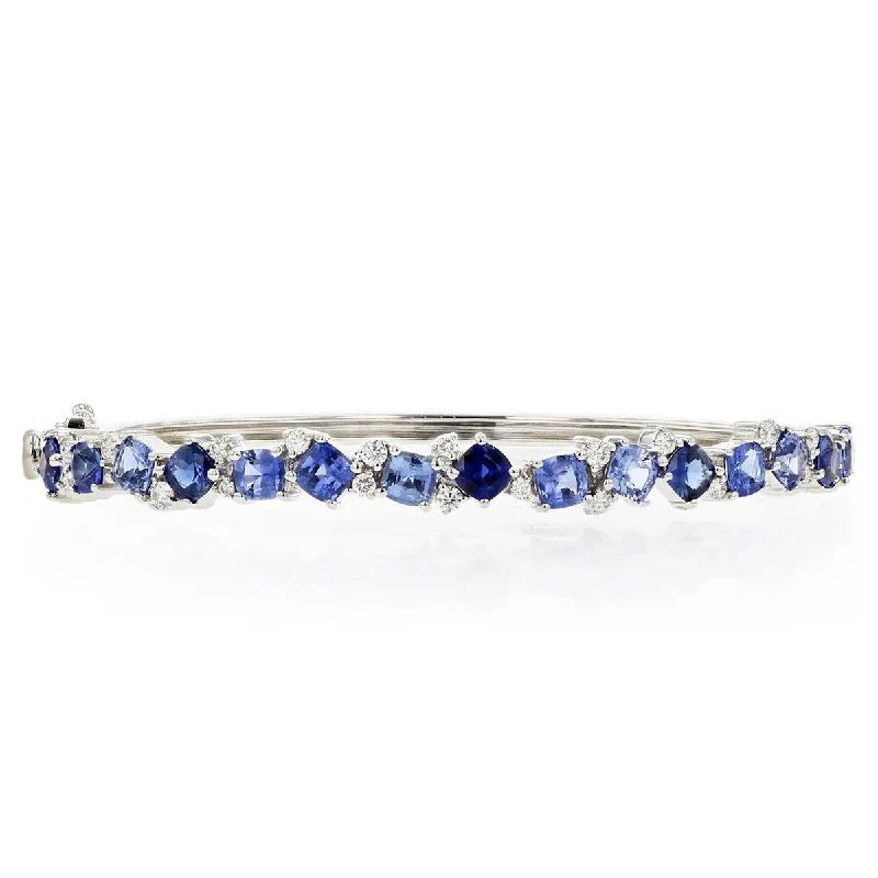 Ladies silver bangles-Diamond and Blue Sapphire Cluster Bangle