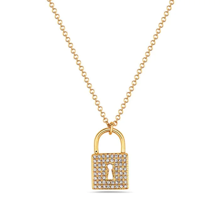 Ladies luxury necklaces-14K Yellow Gold Diamond Lock Necklace