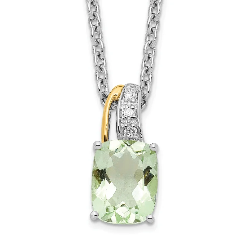 Ladies personalized name necklaces-Cushion Green Quartz and Diamond 17-inch Necklace in Sterling Silver