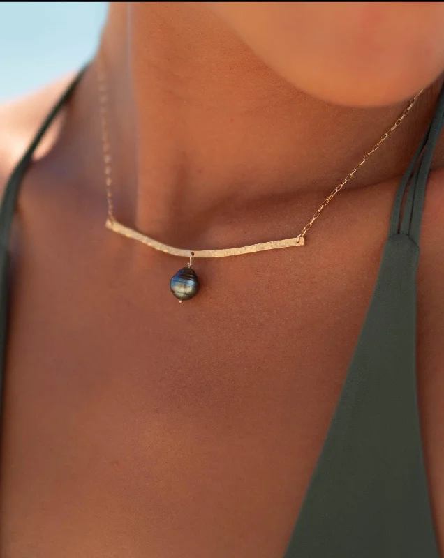 Ladies layered charm necklaces-Tahitian Pearl Bar necklace ~ Gold Filled or Sterling Silver ~ MN064