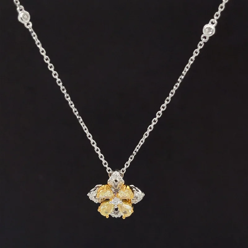 Ladies personalized name necklaces-Yellow & White Diamond 0.75ctw Double Flower Cluster Raindrop Necklace in 18k Two-Tone Gold - #320 - NLDIA068230