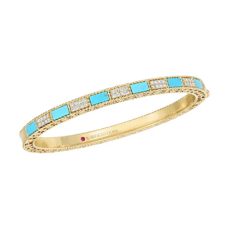 Ladies custom bangle bracelets-18K Yellow Gold Mosaic Alternating Diamond and Turquoise Bangle