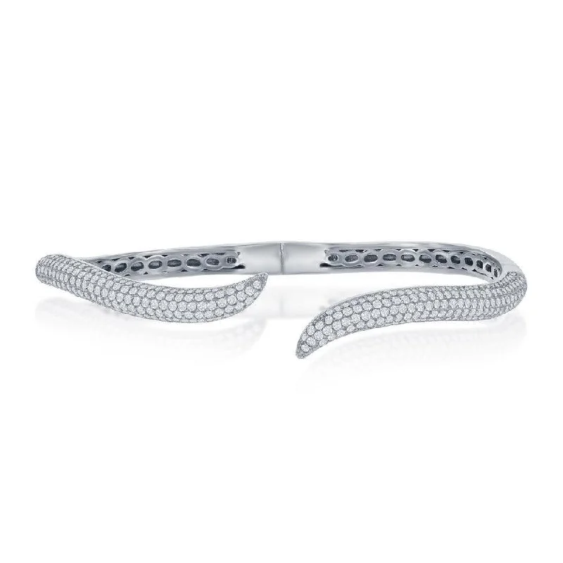 Ladies modern bracelets-Sterling Silver Micro Pave Cubic Zirconia Waved Bangle