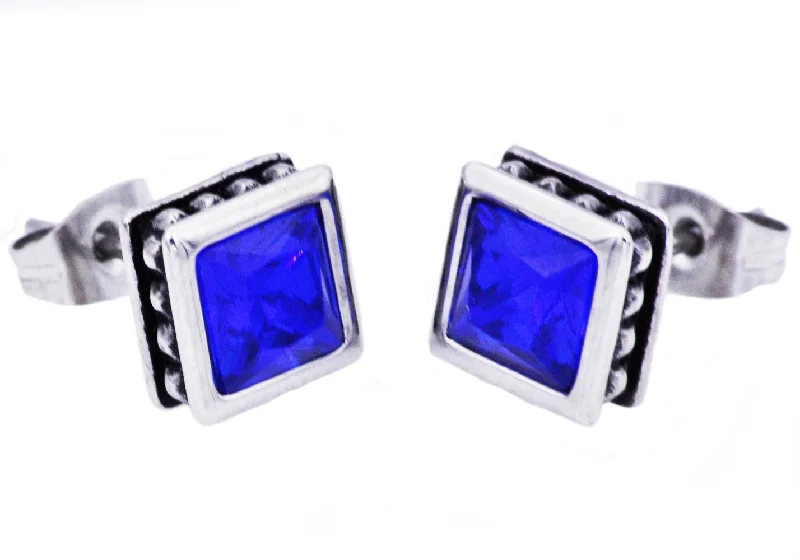 Ladies vintage earrings-Mens 13mm Stainless Steel Stud Earrings With Blue Cubic Zirconia