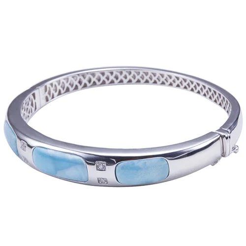 Ladies bangle bracelets-Larimar Sterling Silver Bangle Barrel Band with Pave Cubic Zirconia