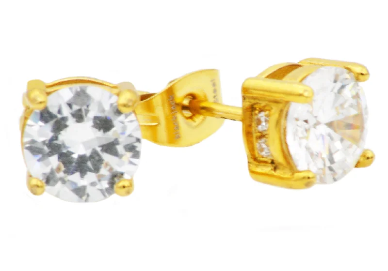 Ladies retro earrings-Mens 8mm Gold Stainless Steel Earrings With Cubic Zirconia