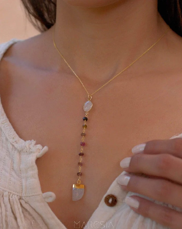 Ladies layered gold necklaces-Moonstone & Tourmaline Y Necklace ~ Gold Vermeil ~ MN048