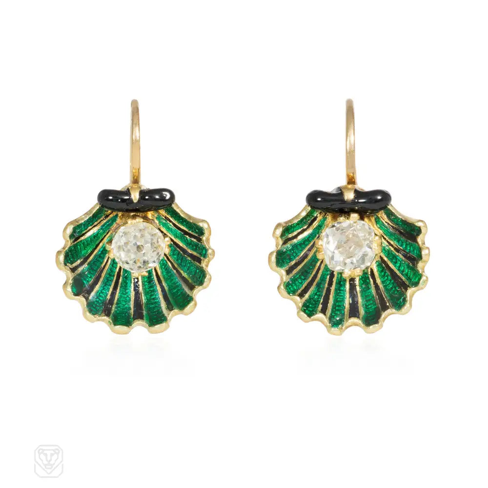 Ladies dazzling earrings-Antique enamel and diamond sea shell earrings