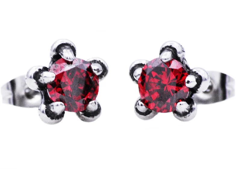 Ladies romantic earrings-Men's 10mm Stainless Steel Claw Earrings With Red Cubic Zirconia