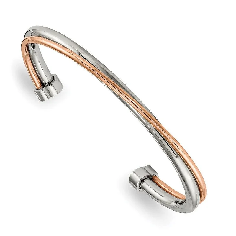 Ladies charm bangle bracelets-Stainless Steel Polished Rose IP-plated Twisted Cuff Bangle