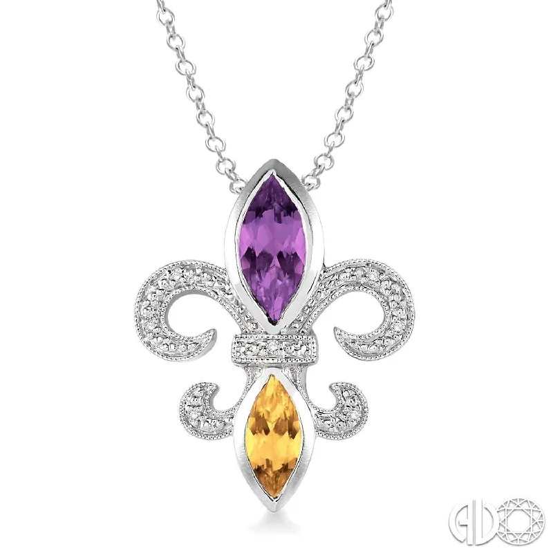 Ladies statement chain necklaces-Silver Fleur De Lis Gemstone & Diamond Pendant, LSU Color Necklace