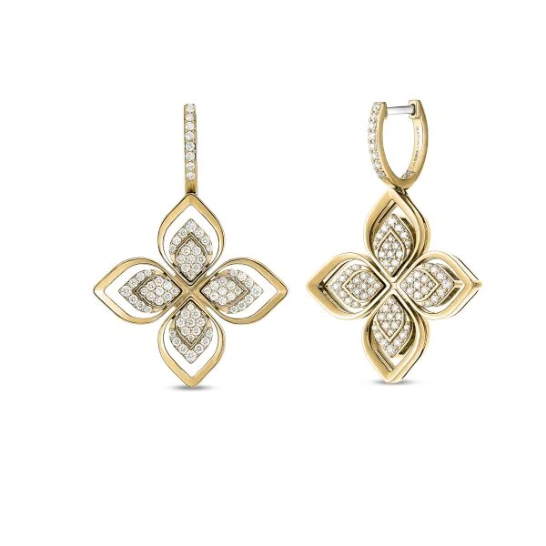 Ladies vintage earrings-18K YELLOW GOLD VENETIAN PRINCESS PAVE OPEN FRAME DIAMOND FLOWER EARRINGS