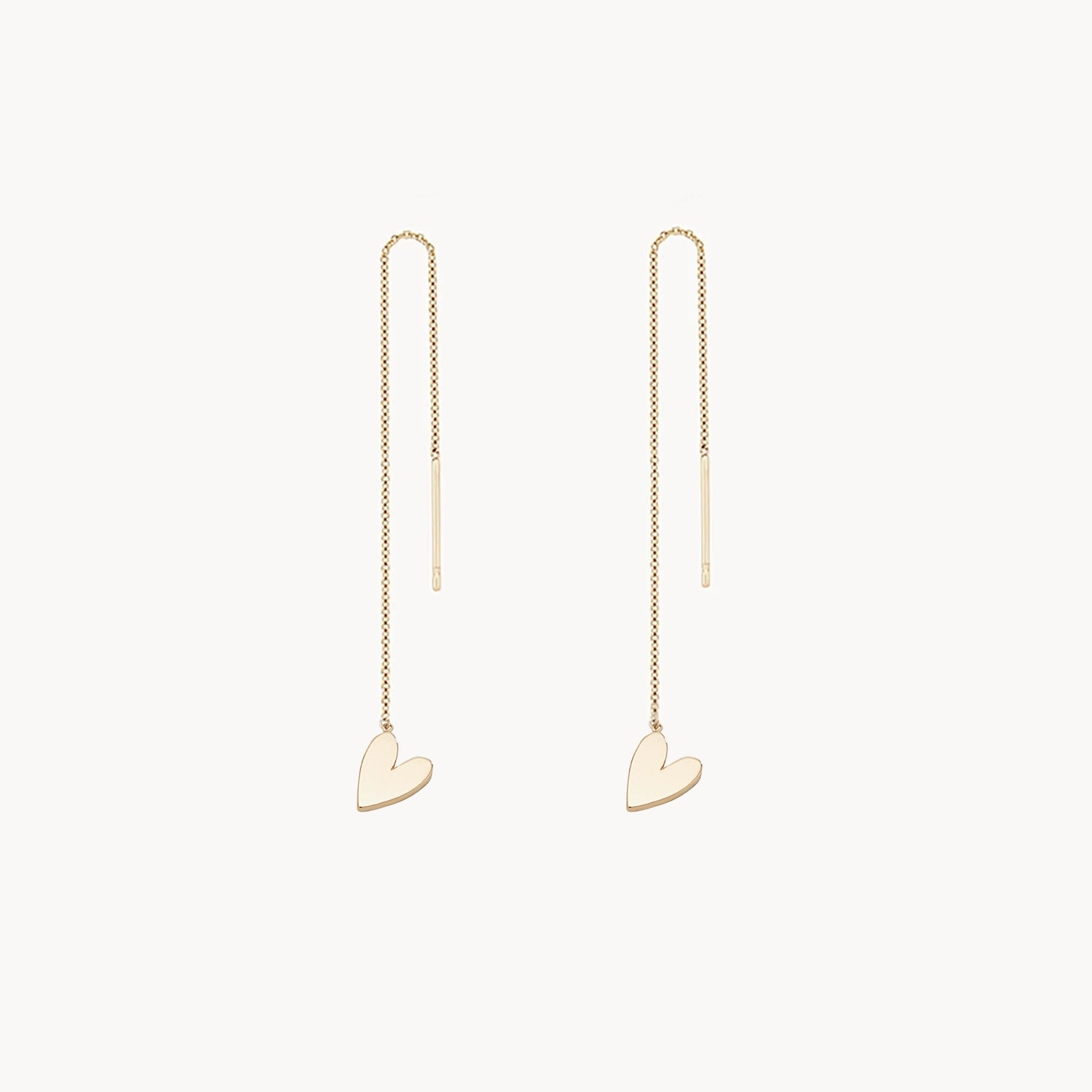 Ladies gold stud earrings-lovely heart threader earring - 14k yellow gold