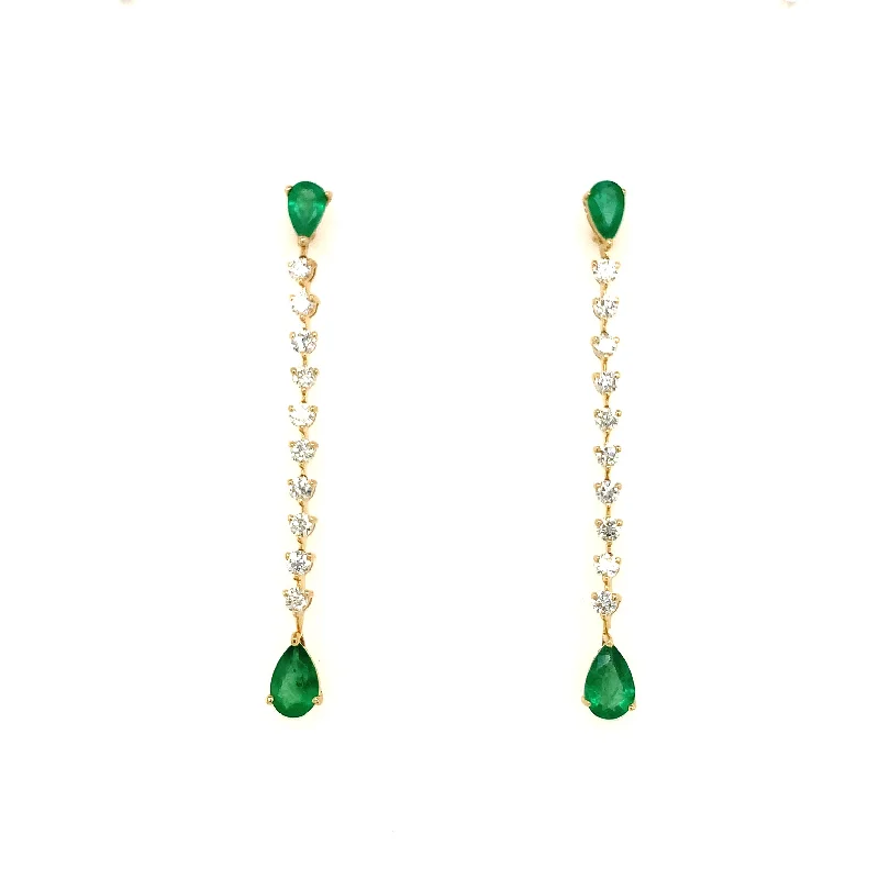 Ladies diamond stud earrings-Emerald and Diamond Line Earrings in Yellow Gold