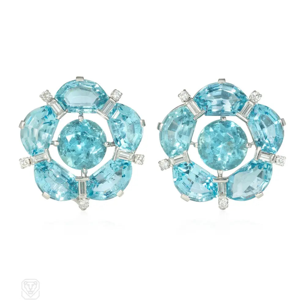 Ladies round earrings-Aquamarine and diamond flower earrings