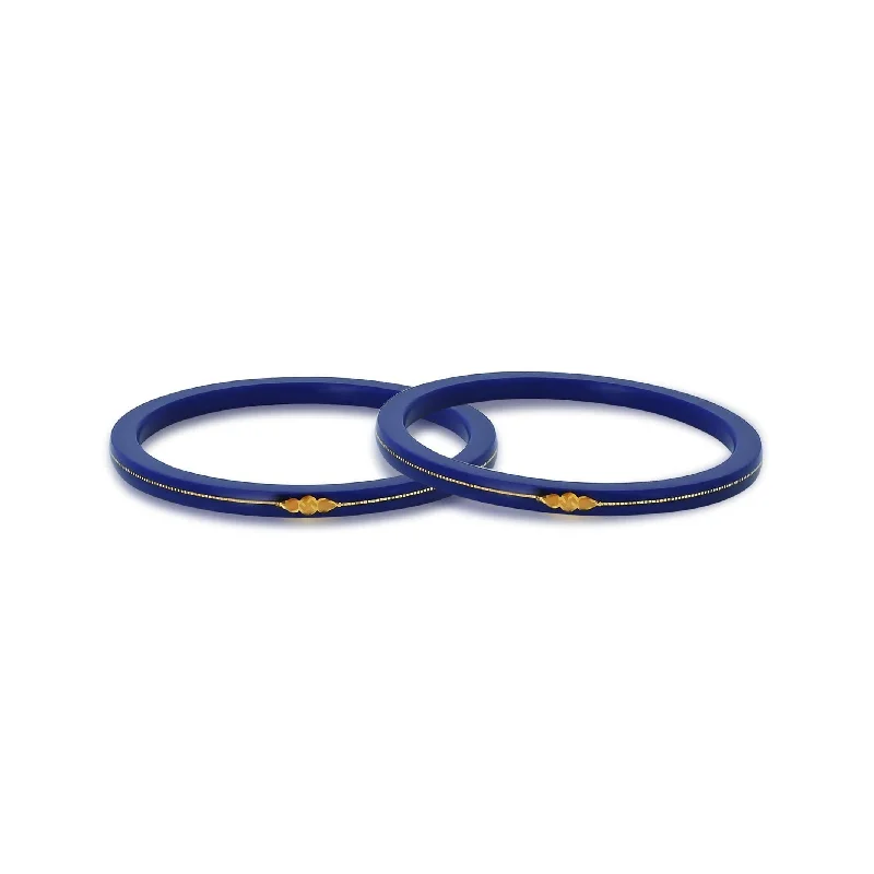 Ladies gold cuff bracelets-Gold Small Swastika Design Dark Blue Bangle