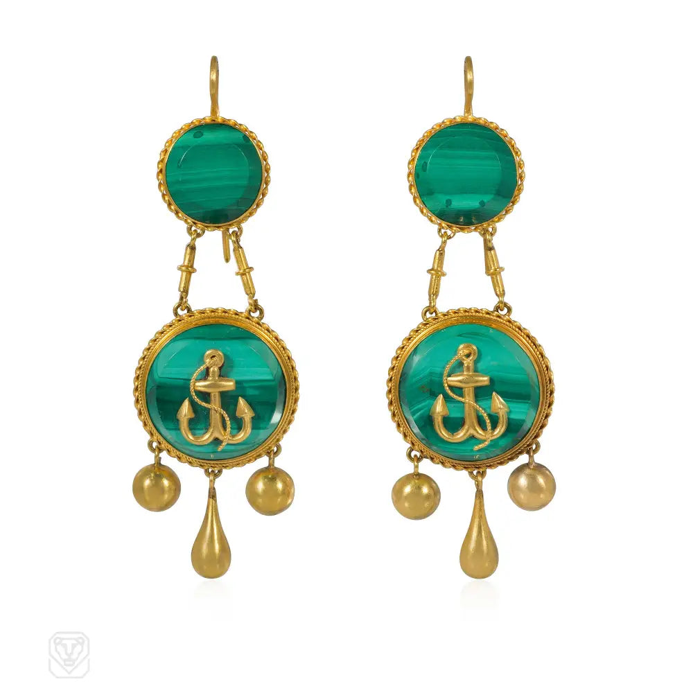 Ladies silver hoop earrings-French antique nautical gold and malachite earrings