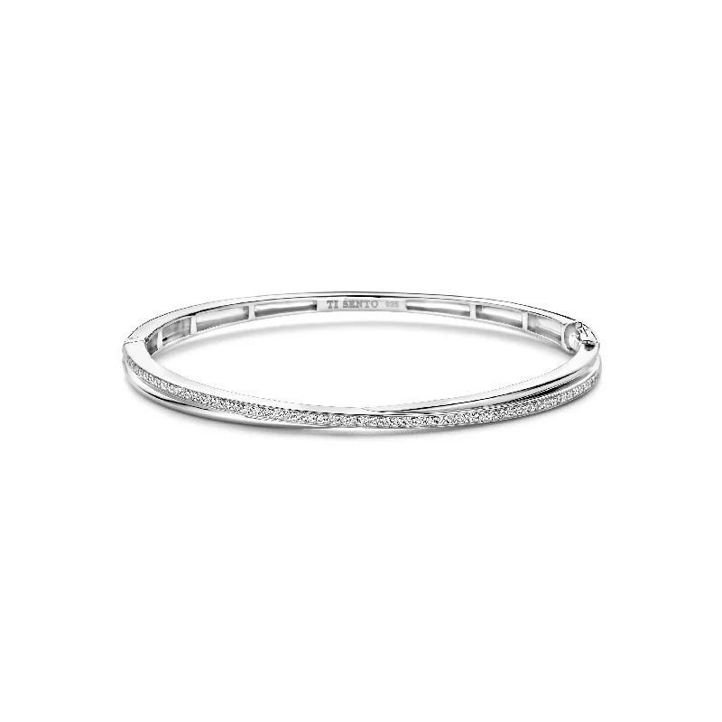 Ladies fashionable bracelets-Ti Sento Silver Cubic Zirconia Intertwined Bands Bangle