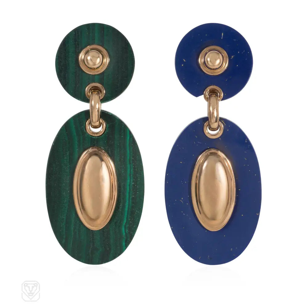 Ladies silver drop earrings-Van Cleef & Arpels, Paris malachite and lapis pendant earrings