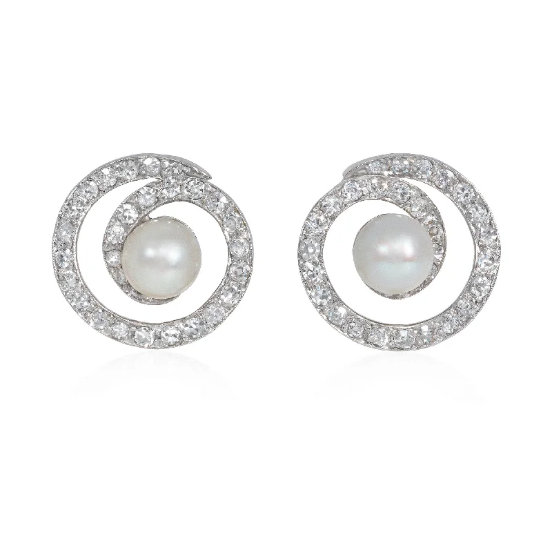 Ladies big hoop earrings-Mid-century natural pearl and diamond spiral earrings