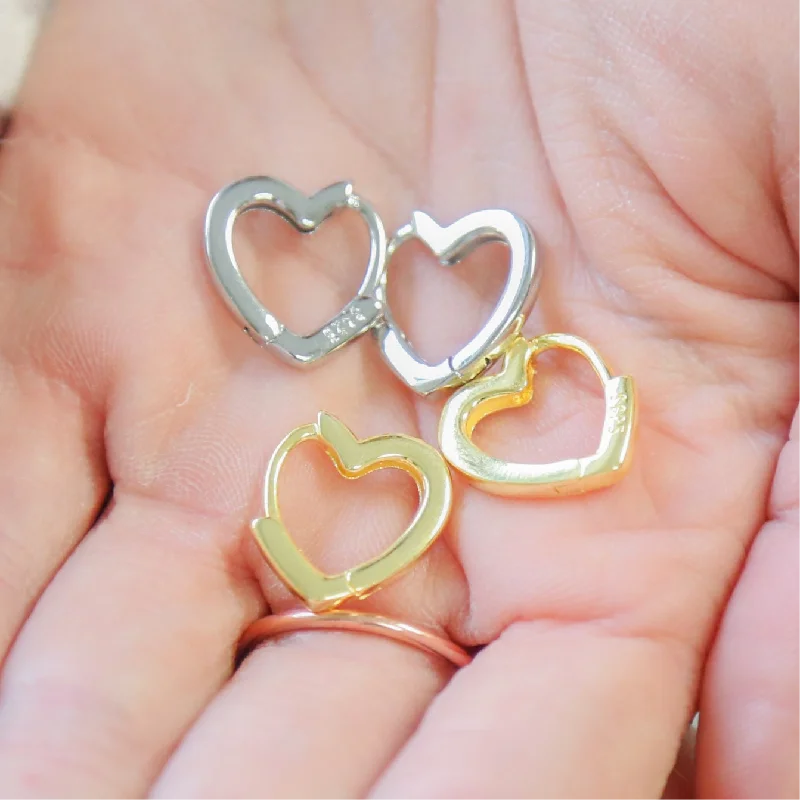 Ladies gold drop earrings-TAKE HEART - Sterling Silver or 18k Gold Heart Huggie Earrings