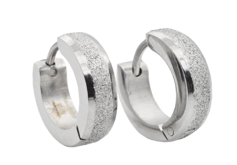 Ladies white gold earrings-Mens 14mm Sandblasted Stainless Steel Hoop Earrings