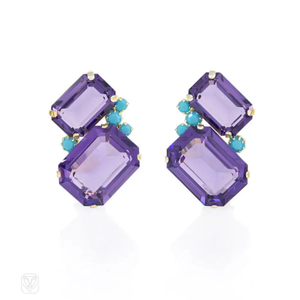 Ladies chandelier earrings-Amethyst and turquoise Swarovski clip earrings