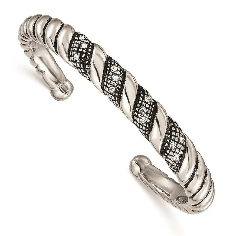 Ladies wire bangles-Stainless Steel Crystal Antiqued Cuff Bangle