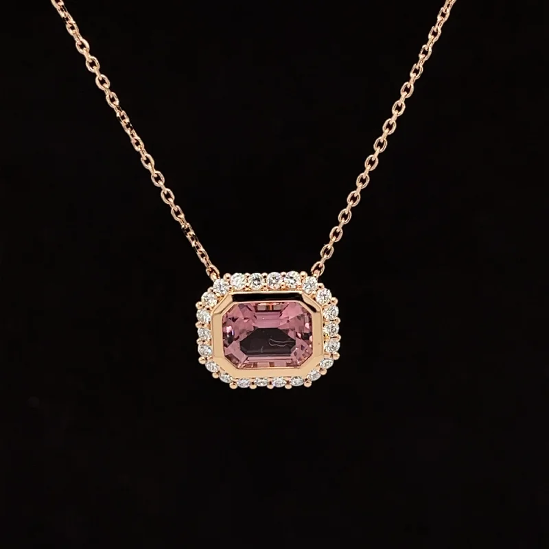 Ladies gold necklaces-Pink Tourmaline & Diamond 2.13ctw Sideways Floating Pendant Necklace in 18k Rose Gold - #311 - NLTOM000024