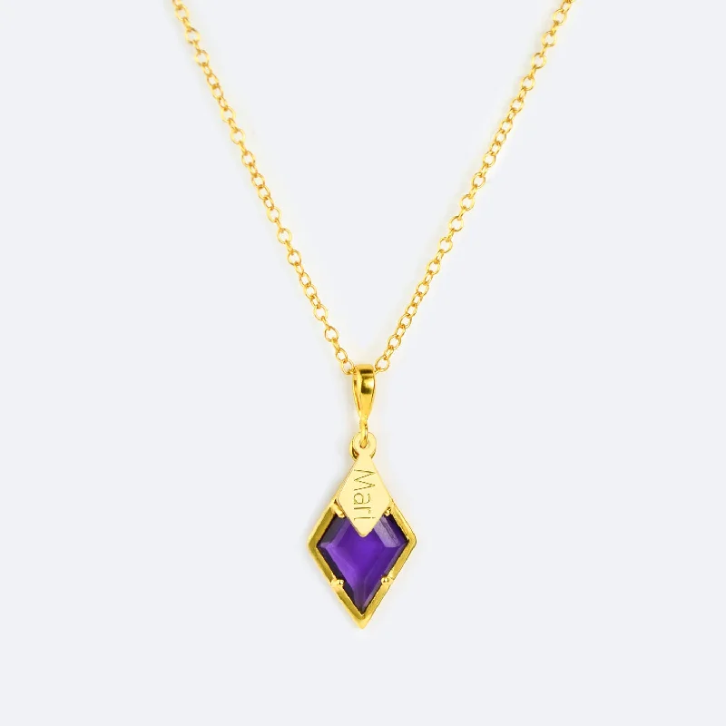 Ladies statement gemstone necklaces-Diamond Shaped Birthstone and Name Necklace : February Purple Amethyst