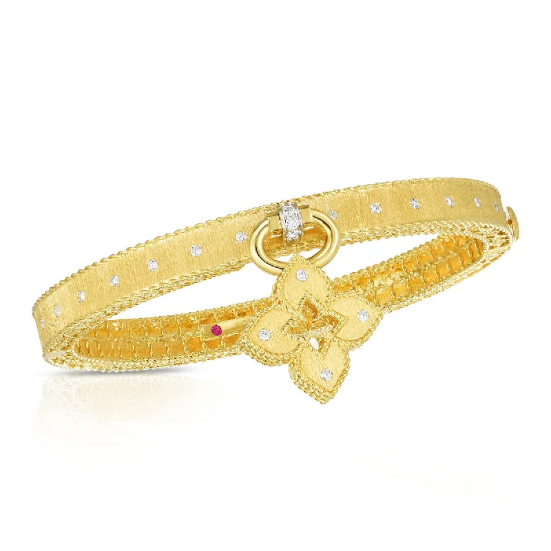 Ladies pearl charm bracelets-Petite Venetian Princess Oval Diamond Bangle with Dangling Flower Charm