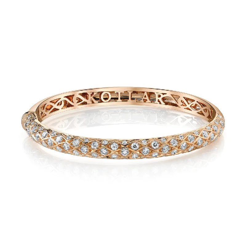 Ladies engraved bangles-Criss Cross Artisan Pave Half Way Bangle