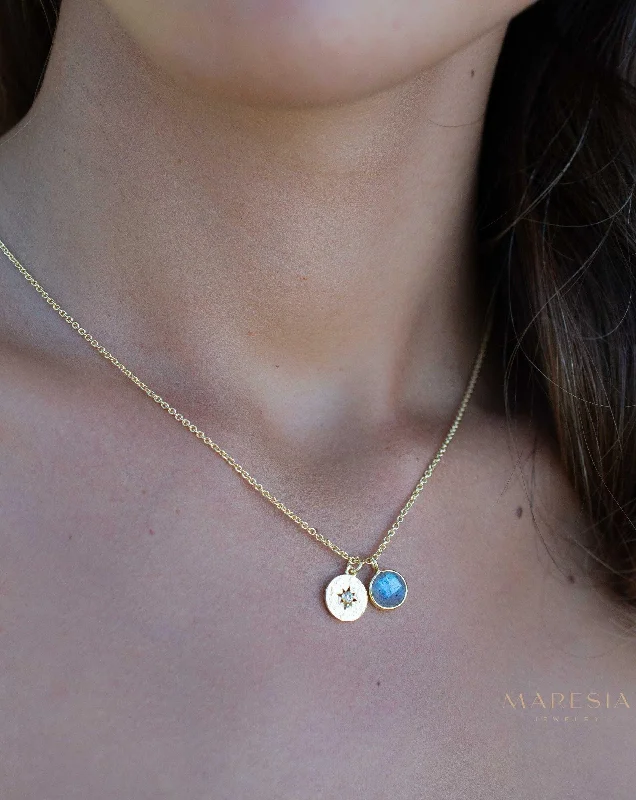 Ladies heart-shaped necklaces-Iolite hydro, Aqua Chalcedony or Labradorite & CZ Necklace ~ Gold Plated 18k ~ MN126