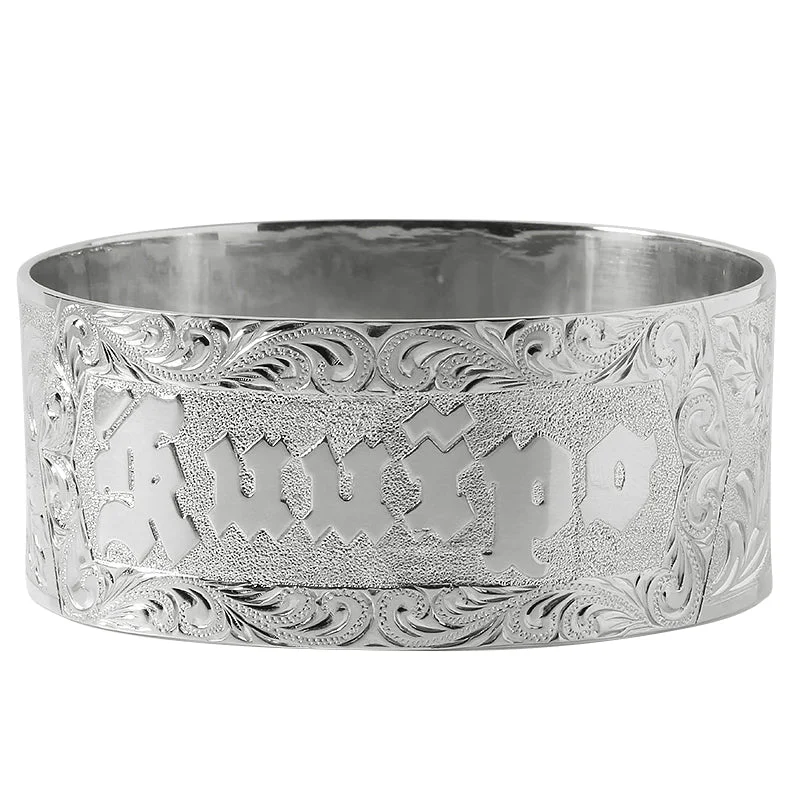 Ladies engraved bracelets-Sterling Silver Custom-Made Hawaiian Heirloom Bangle Raise Letter with Hawaiian Flowers 32mm