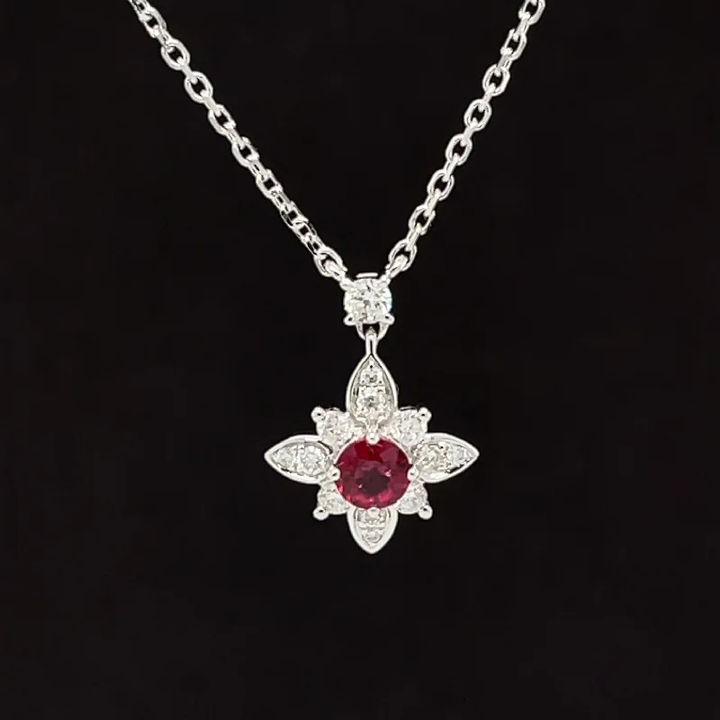 Ladies amethyst necklaces-Ruby & Diamond 0.41ctw Floral Cluster Pendant Necklace in 18k White Gold - #323 NLRUB011556