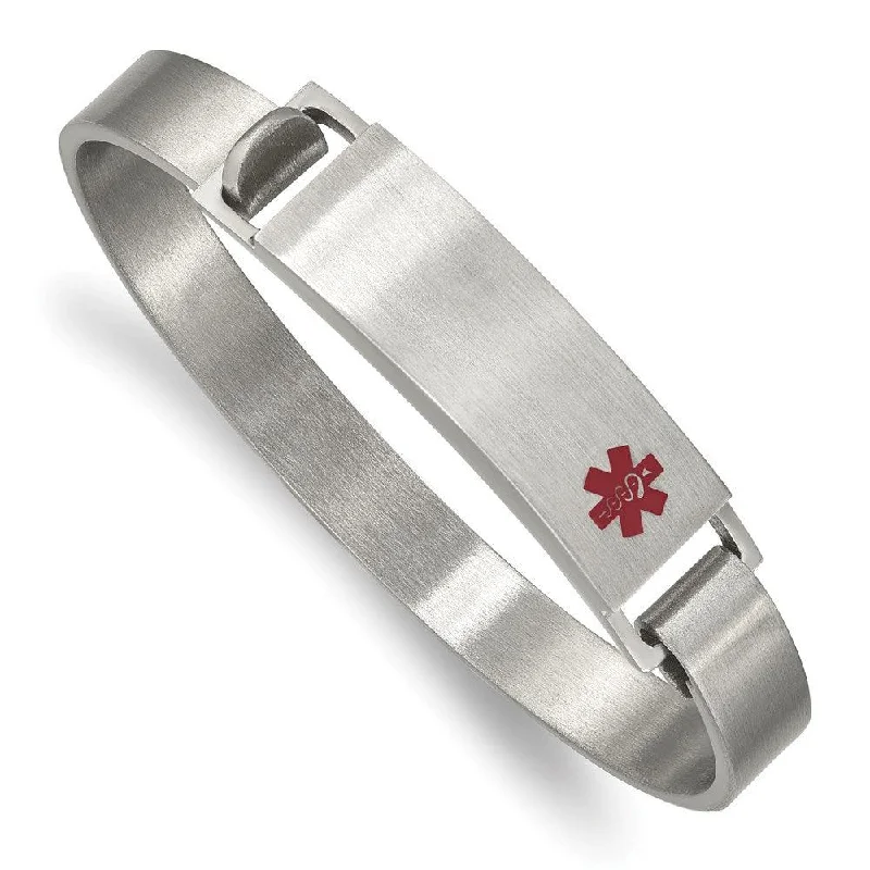 Ladies leather bracelets-Stainless Steel Brushed w/ Red Enamel 8.00mm Medical ID Bangle