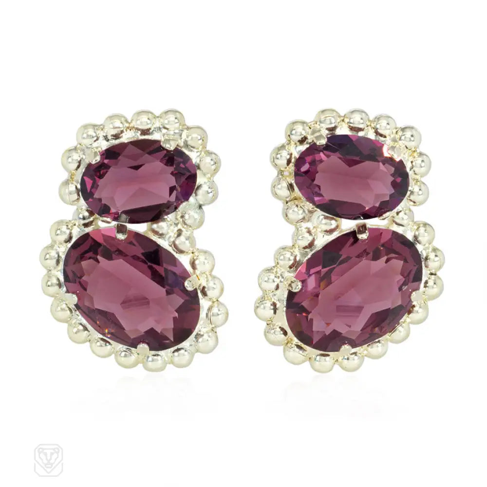 Ladies trendy earrings-Amethyst Swarovski crystal earrings with beaded borders