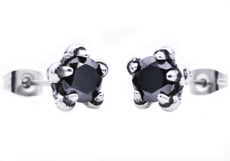 Ladies statement gemstone earrings-Men's Stainless Steel Black Cubic Zirconia 10mm Claw Stud Earrings