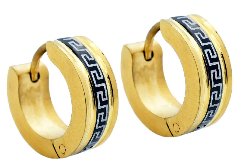 Ladies large hoop earrings-Mens 14mm Gold And Black Stainless Steel Greek Key Hoop Earrings