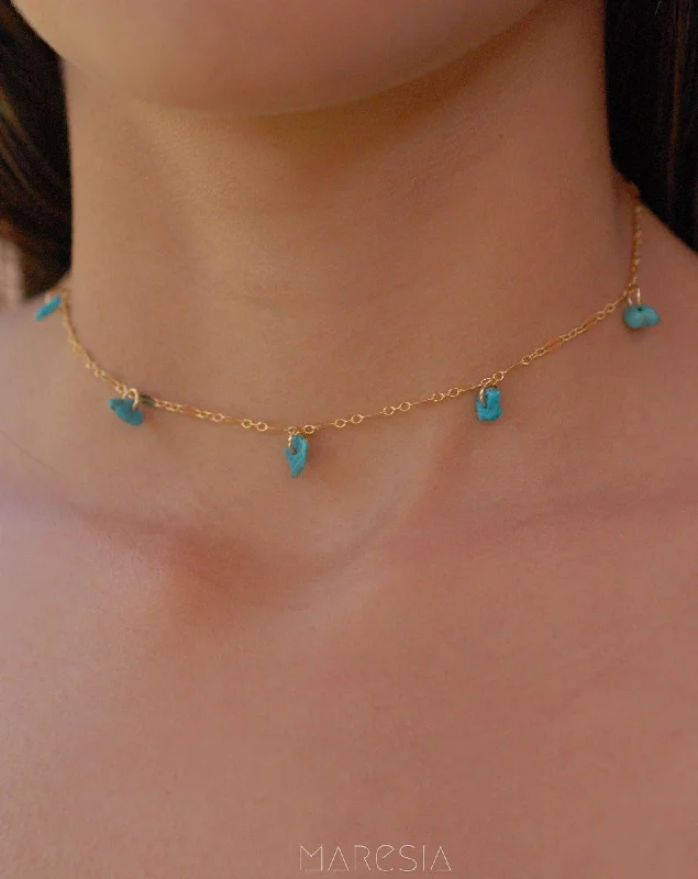 Ladies flower pendant necklaces-Turquoise Choker ~ Sterling Silver 925 or Gold Filled~MN024