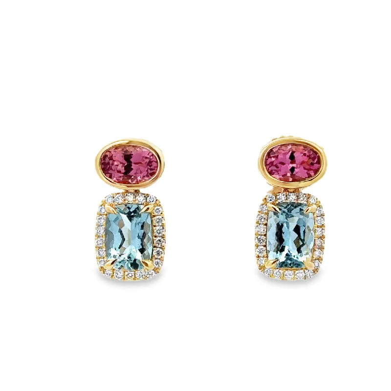 Ladies charm earrings-Aquamarine, Pink Tourmaline, and Diamond Earrings in Yellow Gold