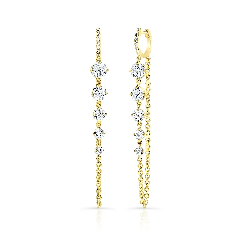 Ladies diamond hoop earrings-Round Diamond Huggie Chain Earrings in 18kt Yellow Gold