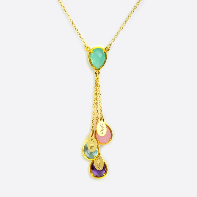 Ladies dainty gold necklaces-Mother's Lariat Style Birthstone Necklace with Her Children's Stones and Name Charms