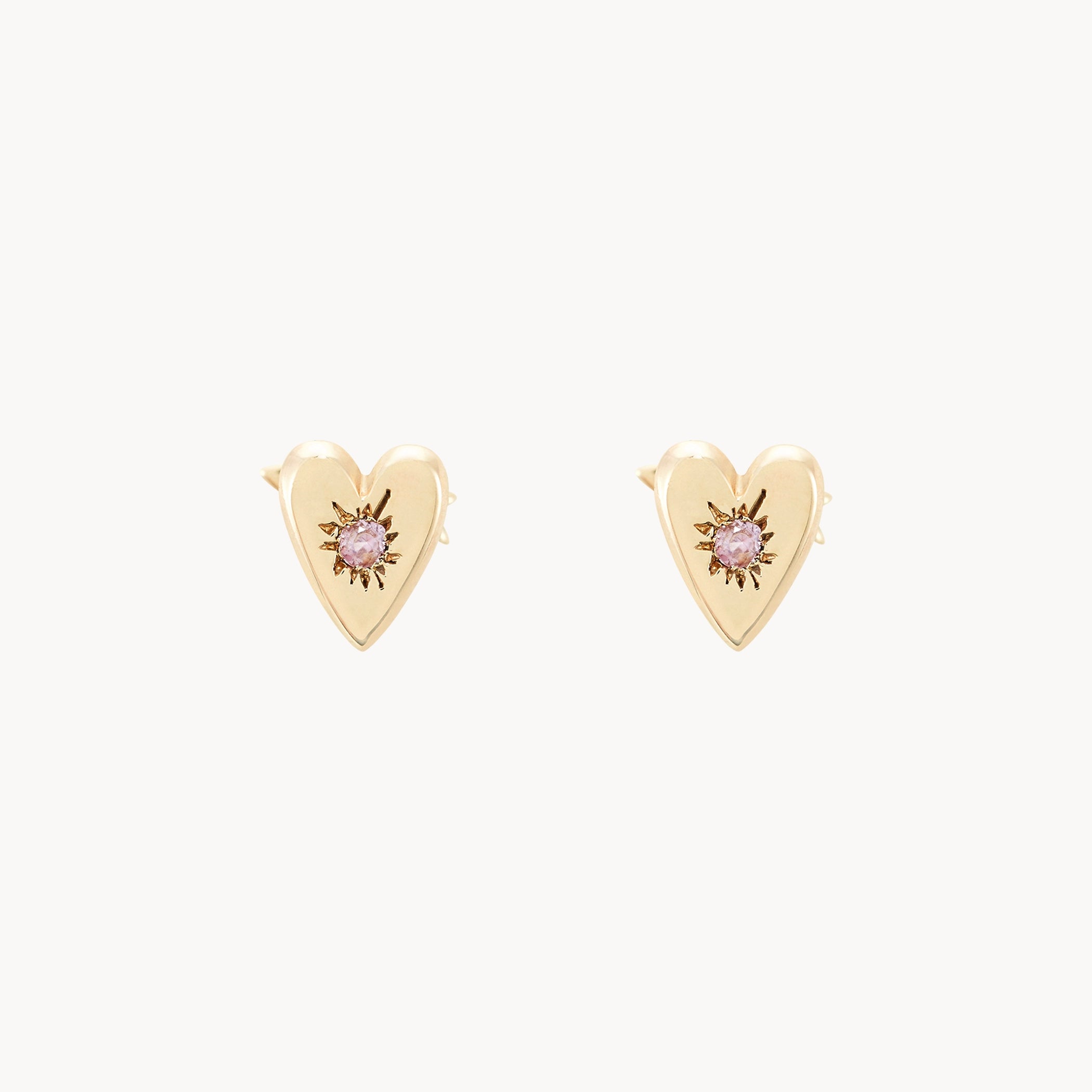 Ladies silver diamond earrings-heart and arrow reversible flat back earrings - 14k yellow gold, pink sapphire