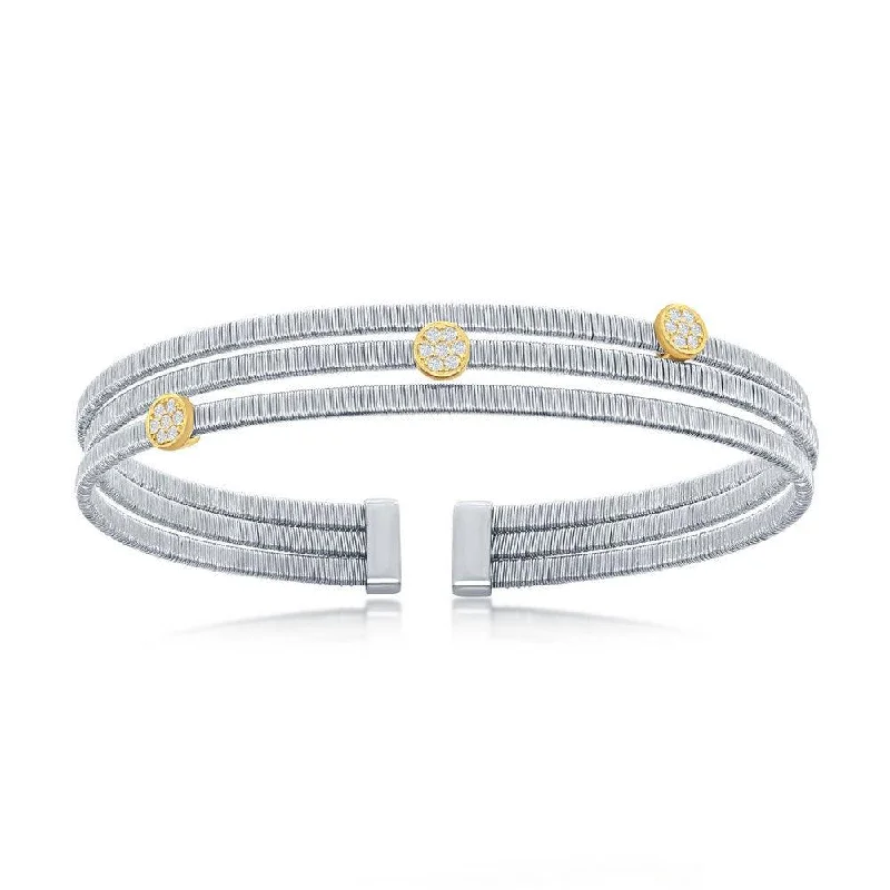 Ladies gold-plated bracelets-Sterling Silver Bonded with 14K GP CZ Bars Triple Wire Bangle