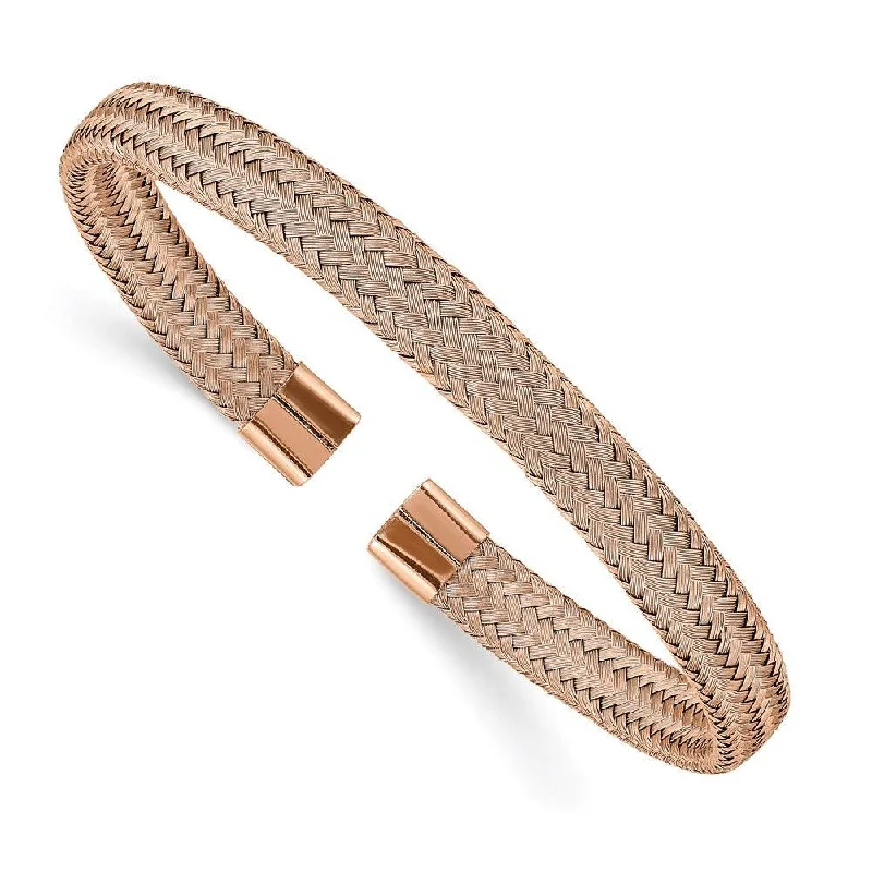 Ladies crystal bracelets-Stainless Steel Polished Rose IP-plated 6.00mm Mesh Wire Cuff Bangle