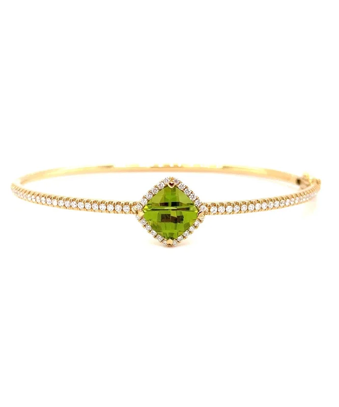 Ladies crystal-encrusted bangles-Peridot Cushion Shaped Bangle with Diamonds 283-JSA