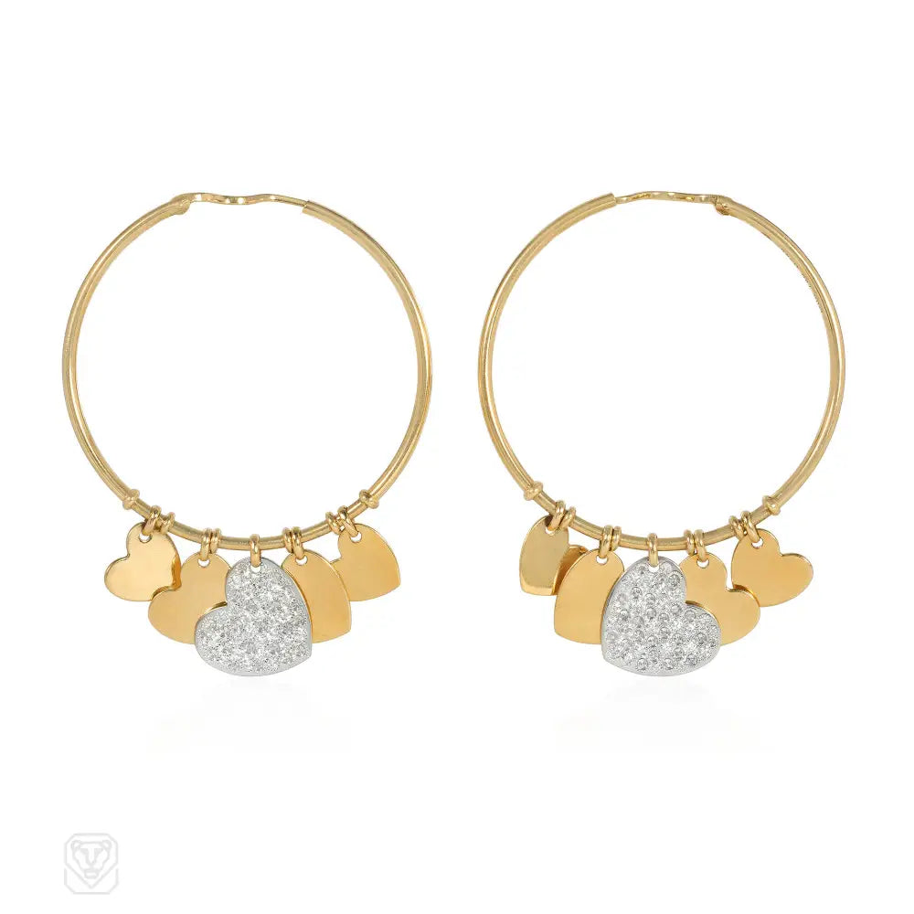 Ladies charm earrings-Christian Dior gold and diamond heart charm hoop earrings